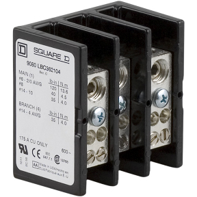 Schneider Electric Power Distribution Block; 175A; 600VAC; 3-Pole; Box Terminals; 1/4 Line/Load Terminal Openings; Panel Mount